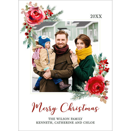 Vertical Corner Roses Holiday Photo Cards